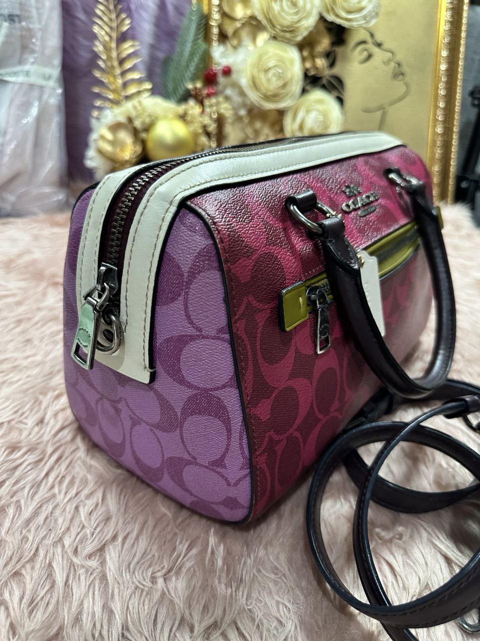 ORIG Preloved Coach Rowan Satchel Bag In Blocked Signature Canvas Pink Purple