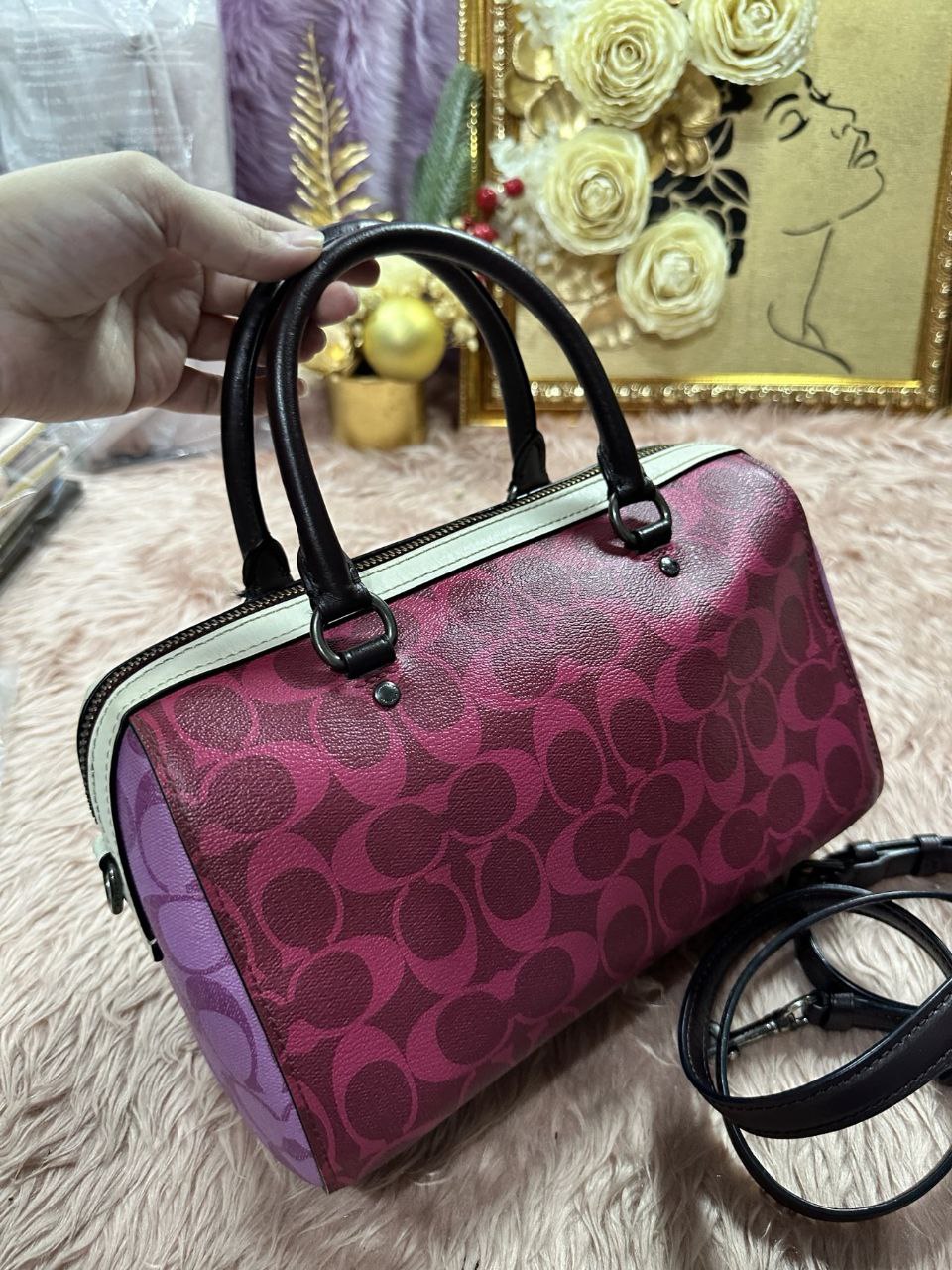 ORIG Preloved Coach Rowan Satchel Bag In Blocked Signature Canvas Pink Purple