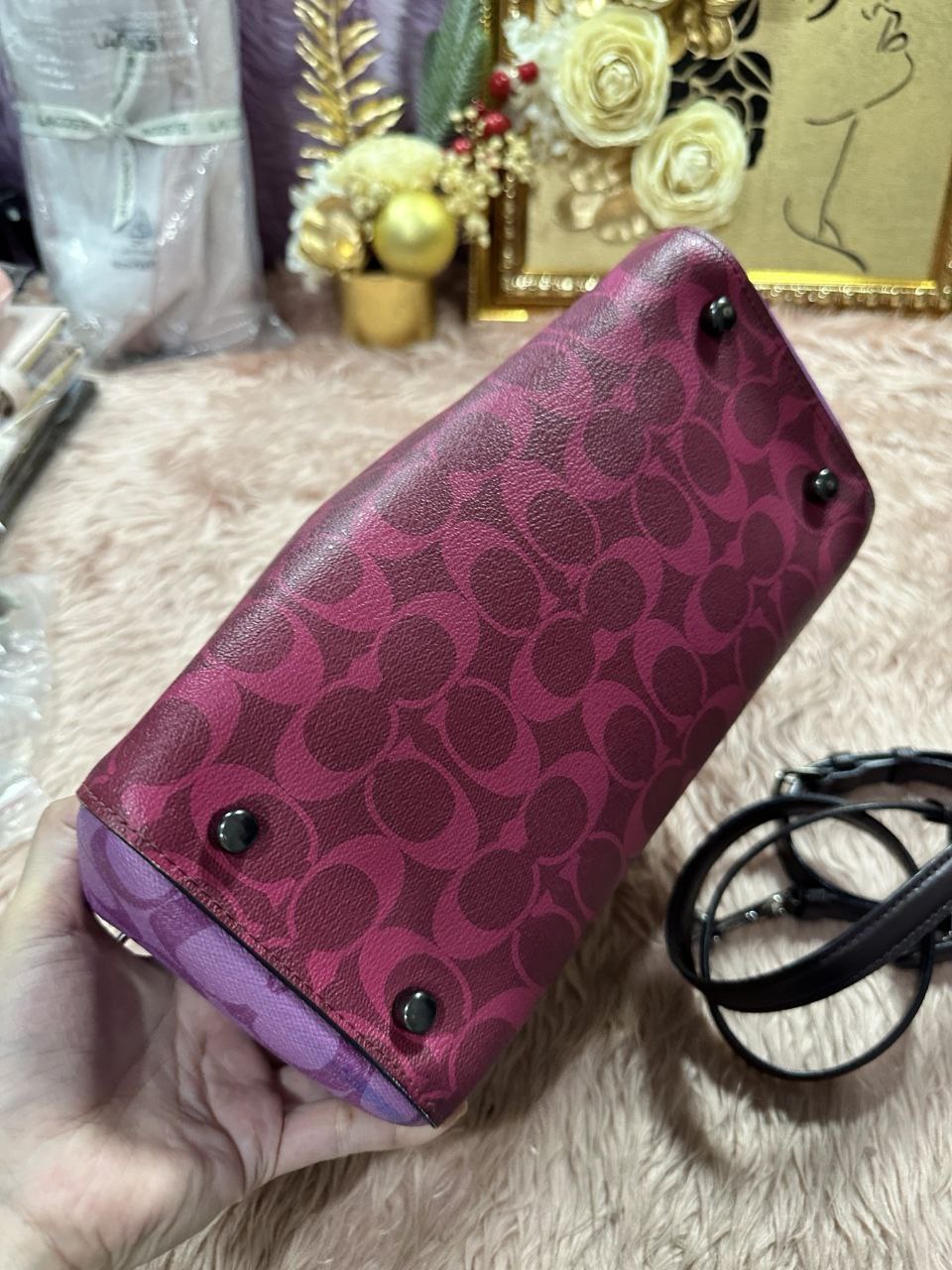 ORIG Preloved Coach Rowan Satchel Bag In Blocked Signature Canvas Pink Purple