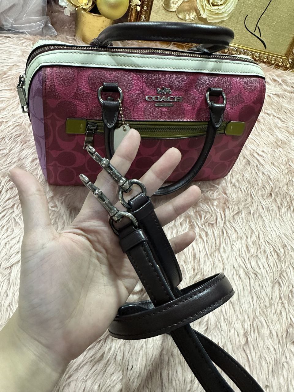 ORIG Preloved Coach Rowan Satchel Bag In Blocked Signature Canvas Pink Purple