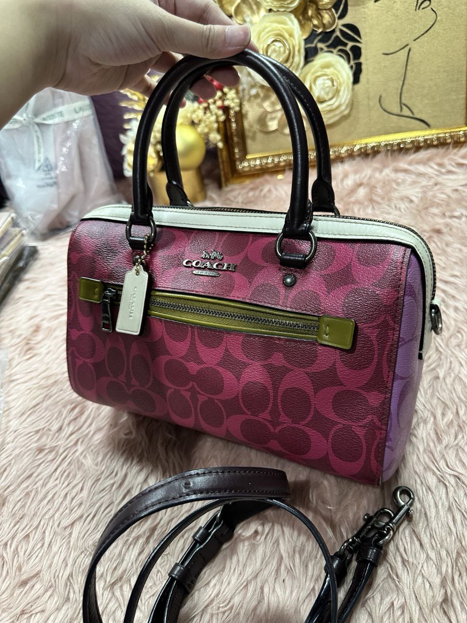 ORIG Preloved Coach Rowan Satchel Bag In Blocked Signature Canvas Pink Purple