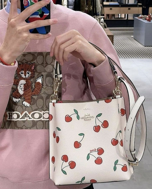 ORIG Preloved Coach Mollie Bucket 22 With Heart Cherry Print Crossbody Bag White