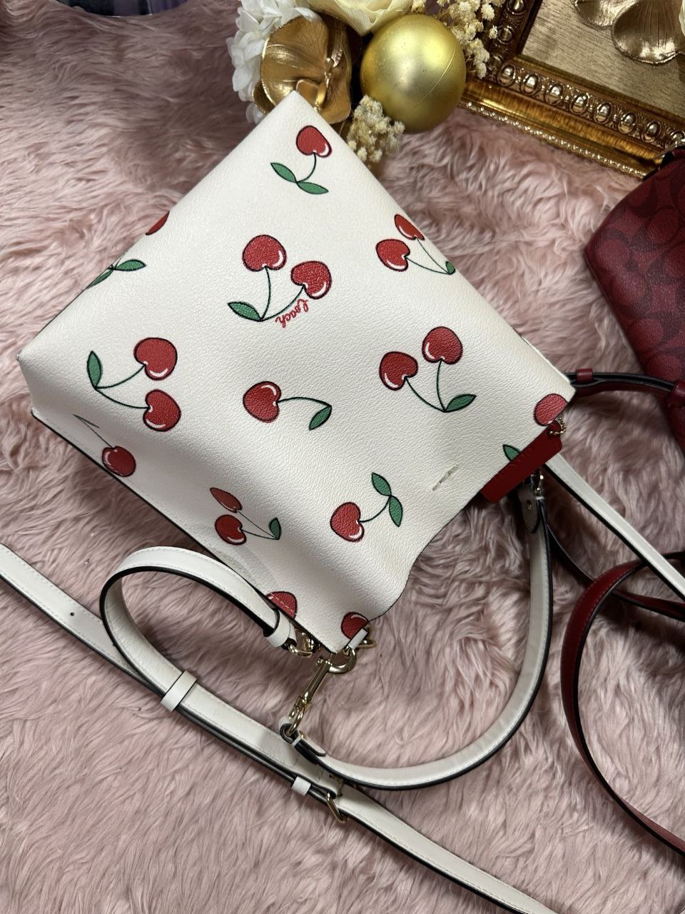 ORIG Preloved Coach Mollie Bucket 22 With Heart Cherry Print Crossbody Bag White