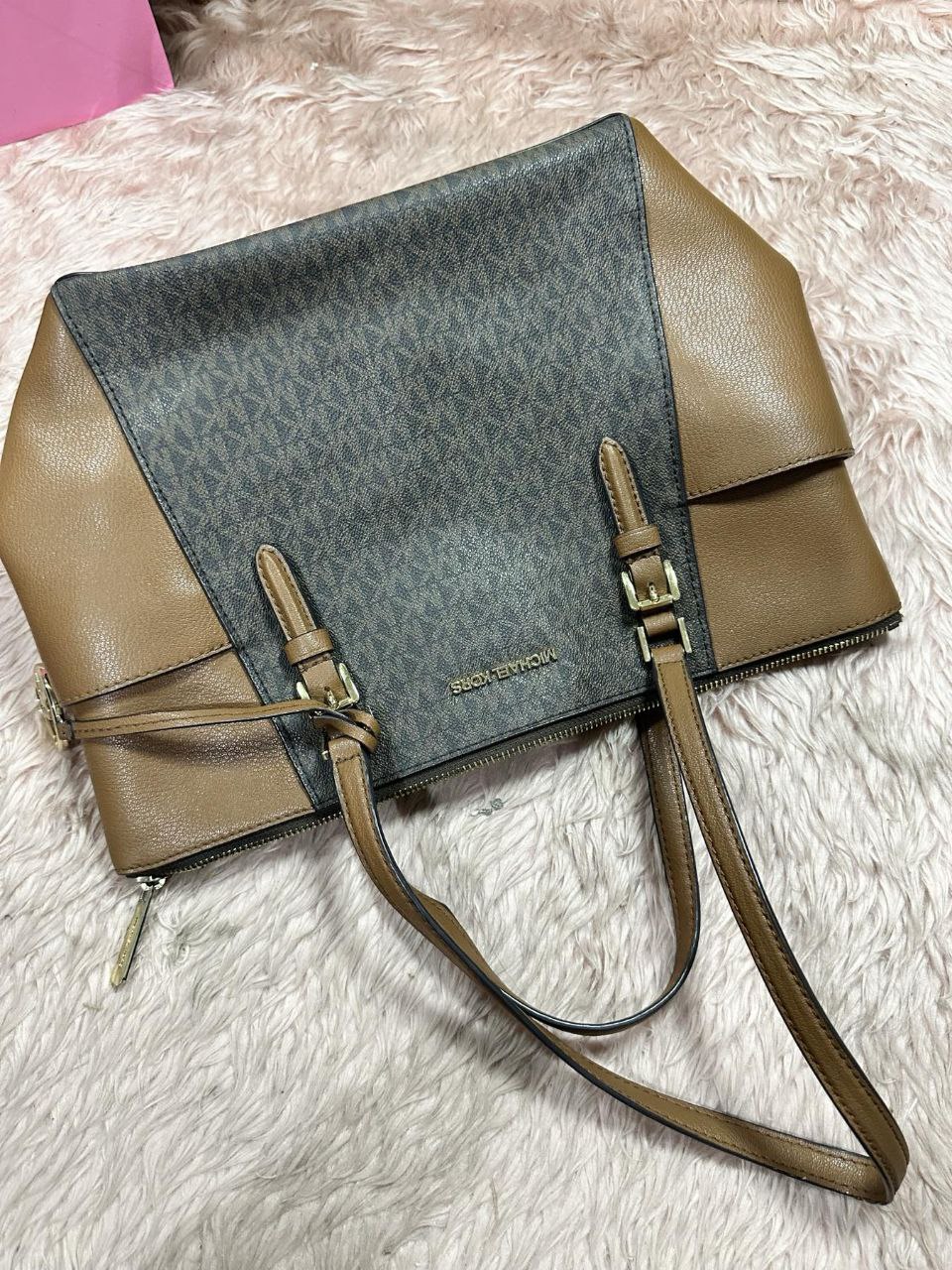 ORIG Preloved Michael Kors MK Charlotte Large Logo and Leather Top-Zip Tote Bag Brown