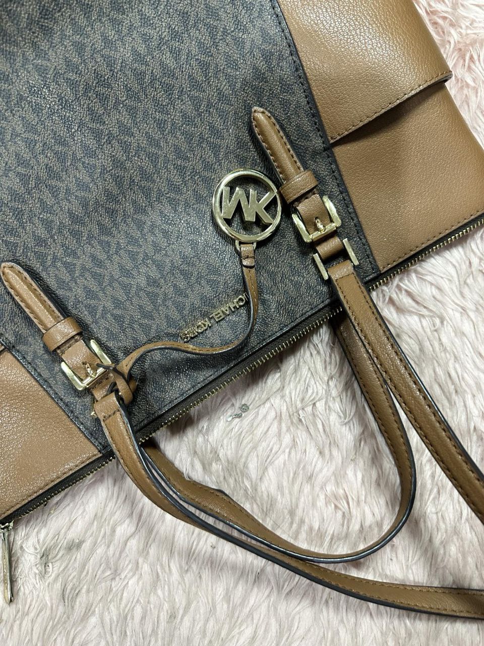 ORIG Preloved Michael Kors MK Charlotte Large Logo and Leather Top-Zip Tote Bag Brown
