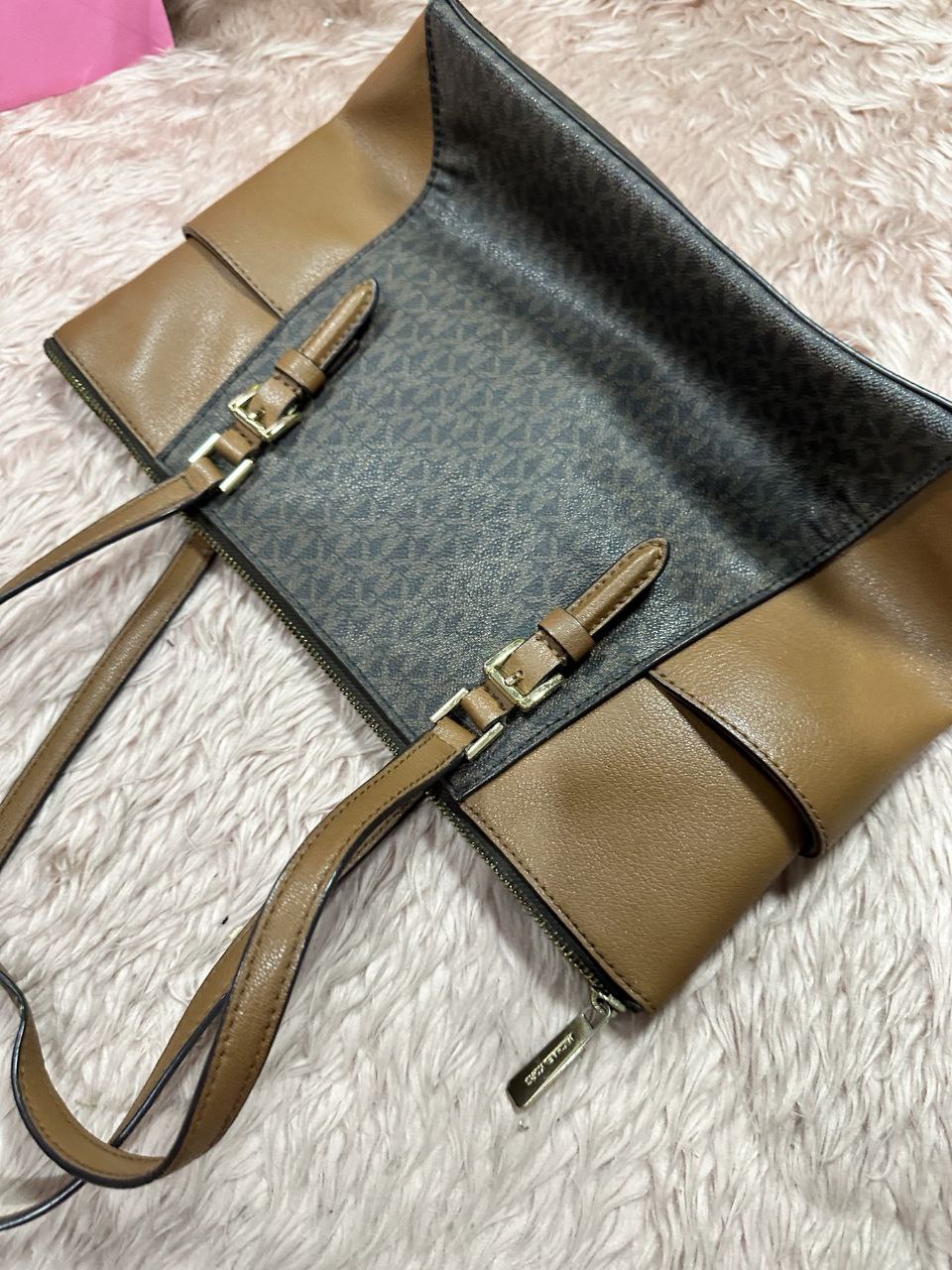 ORIG Preloved Michael Kors MK Charlotte Large Logo and Leather Top-Zip Tote Bag Brown