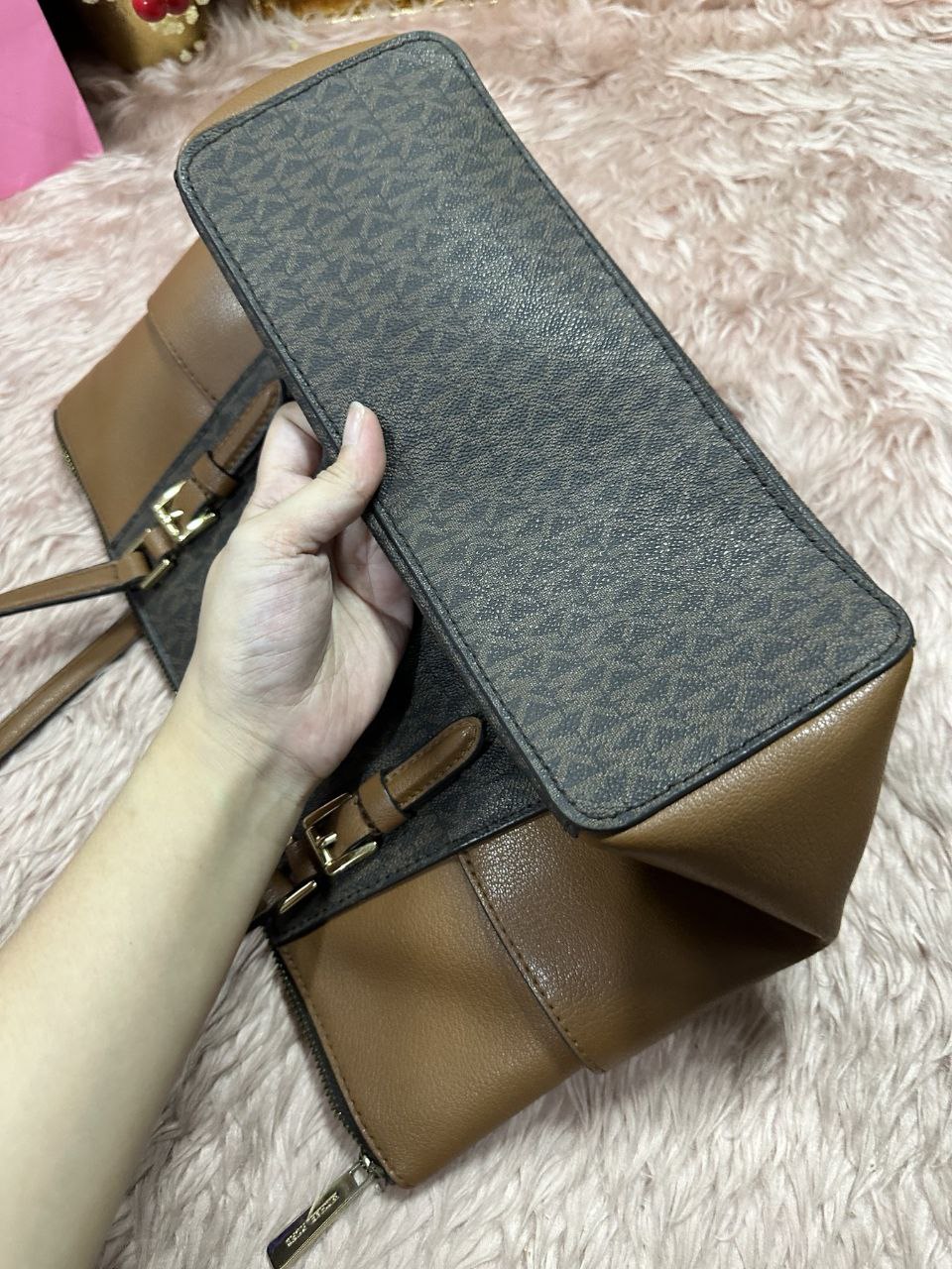 ORIG Preloved Michael Kors MK Charlotte Large Logo and Leather Top-Zip Tote Bag Brown
