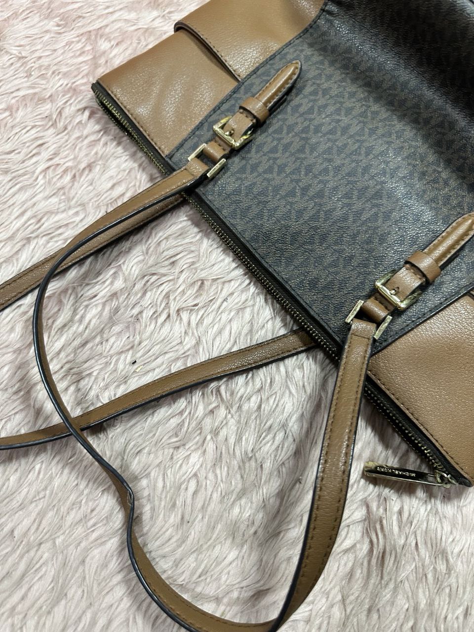 ORIG Preloved Michael Kors MK Charlotte Large Logo and Leather Top-Zip Tote Bag Brown