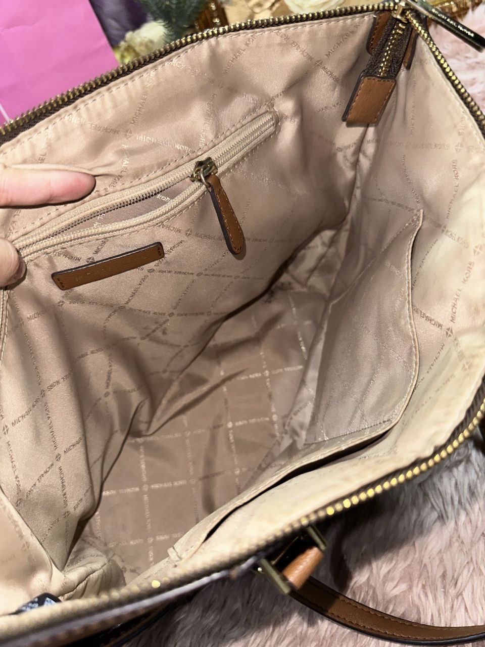 ORIG Preloved Michael Kors MK Charlotte Large Logo and Leather Top-Zip Tote Bag Brown