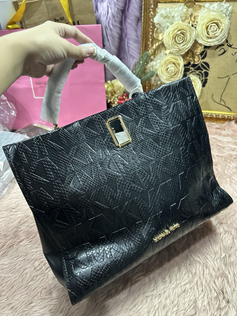 ORIG & IMPORTED Michael Kors MK Penelope Embossed Python Satchel Large Black Bag