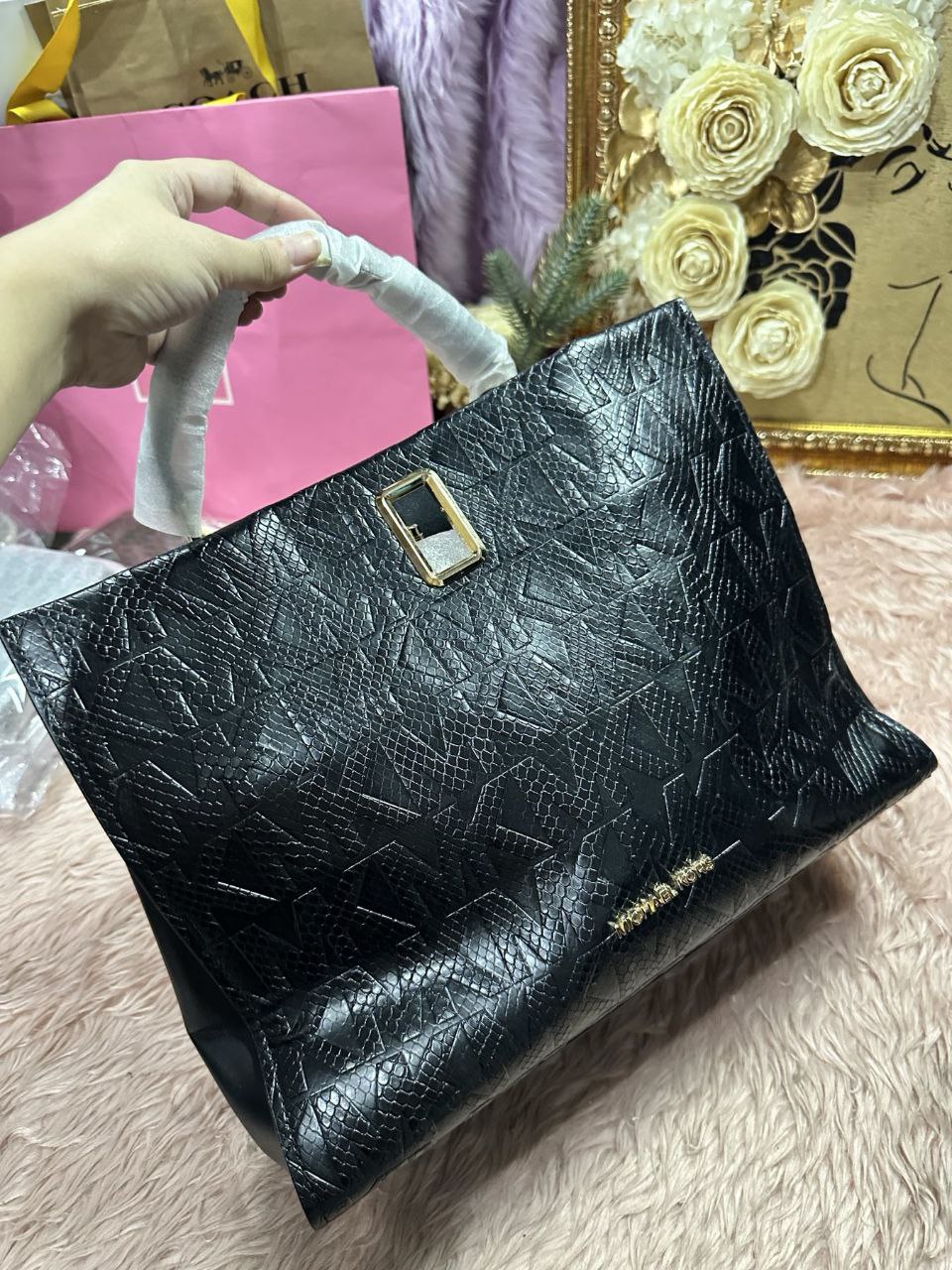 ORIG & IMPORTED Michael Kors MK Penelope Embossed Python Satchel Large Black Bag