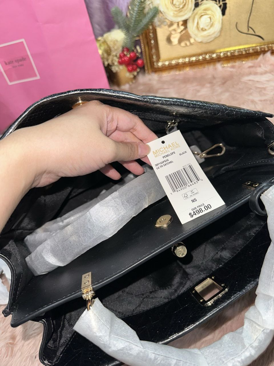 ORIG & IMPORTED Michael Kors MK Penelope Embossed Python Satchel Large Black Bag