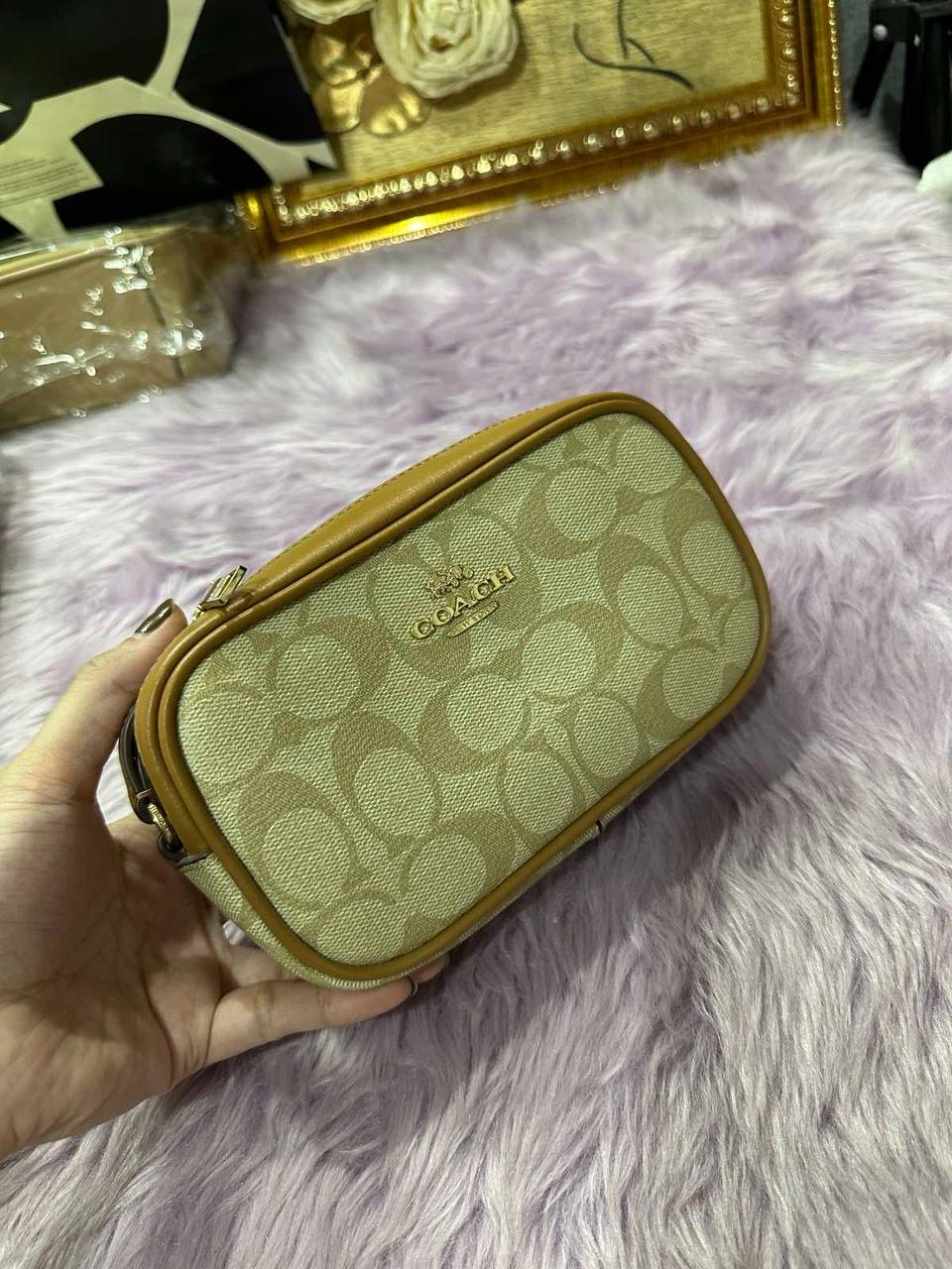 ORIG Preloved Coach Jamie Wristlet In Khaki Saddle Brown Small Bag