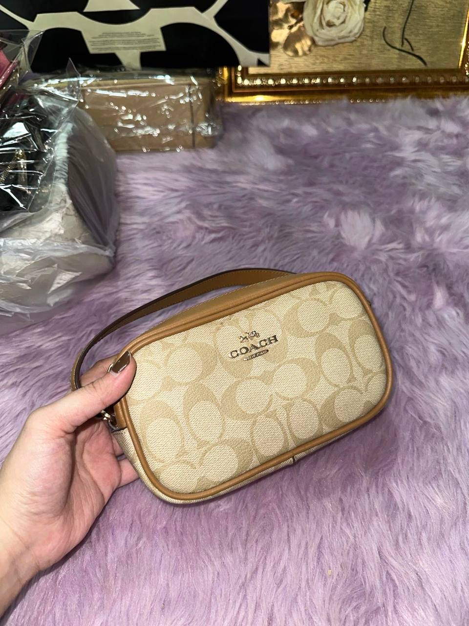 ORIG Preloved Coach Jamie Wristlet In Khaki Saddle Brown Small Bag
