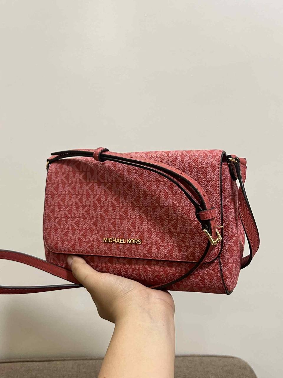 ORIG Preloved Michael Kors MK Medium Logo Convertible Crossbody Phone Pink Bag