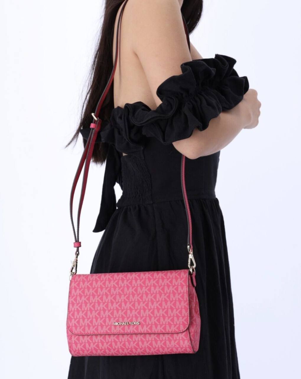 ORIG Preloved Michael Kors MK Medium Logo Convertible Crossbody Phone Pink Bag