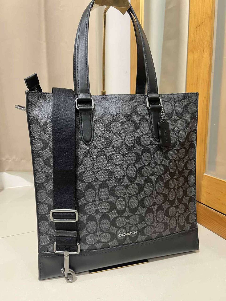 ORIG Preloved Coach Graham Structured Large Men Laptop Tote Bag In Signature Canvas Black