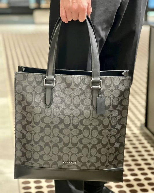 ORIG Preloved Coach Graham Structured Large Men Laptop Tote Bag In Signature Canvas Black