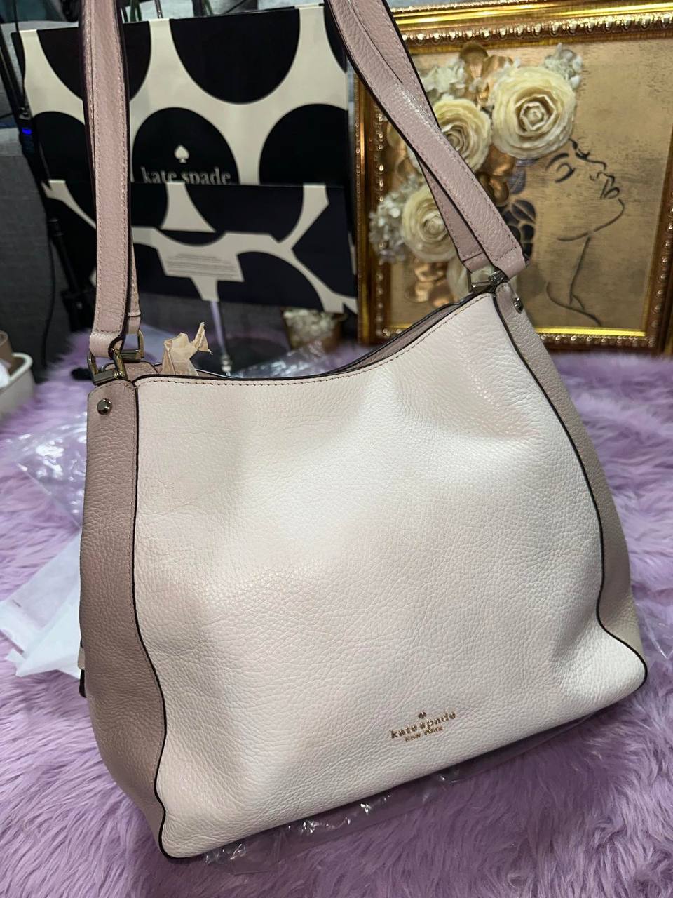 ORIG Preloved Kate Spade KS Leila Medium Triple Compartment Shoulder Bag Beige Brown