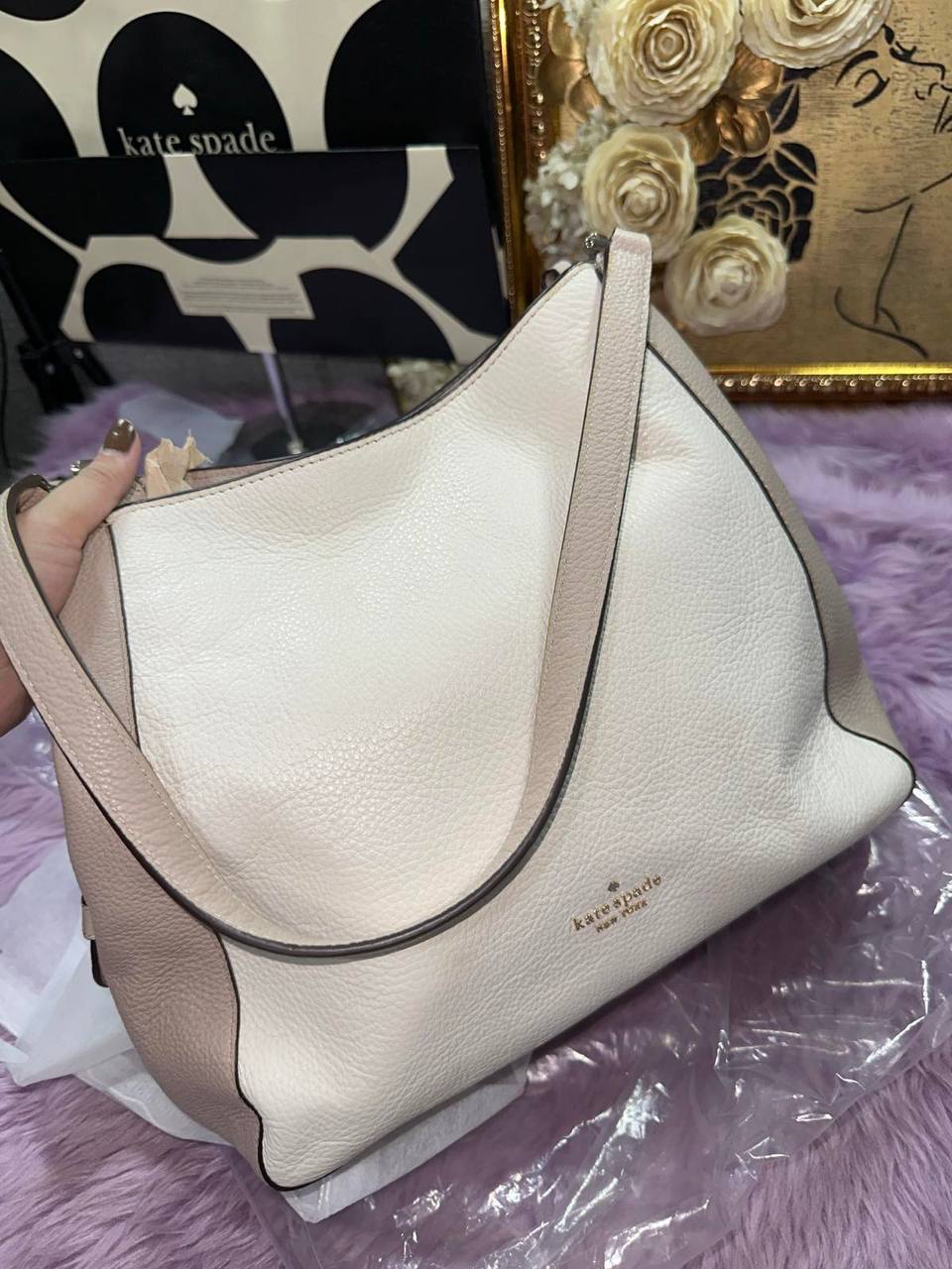 ORIG Preloved Kate Spade KS Leila Medium Triple Compartment Shoulder Bag Beige Brown
