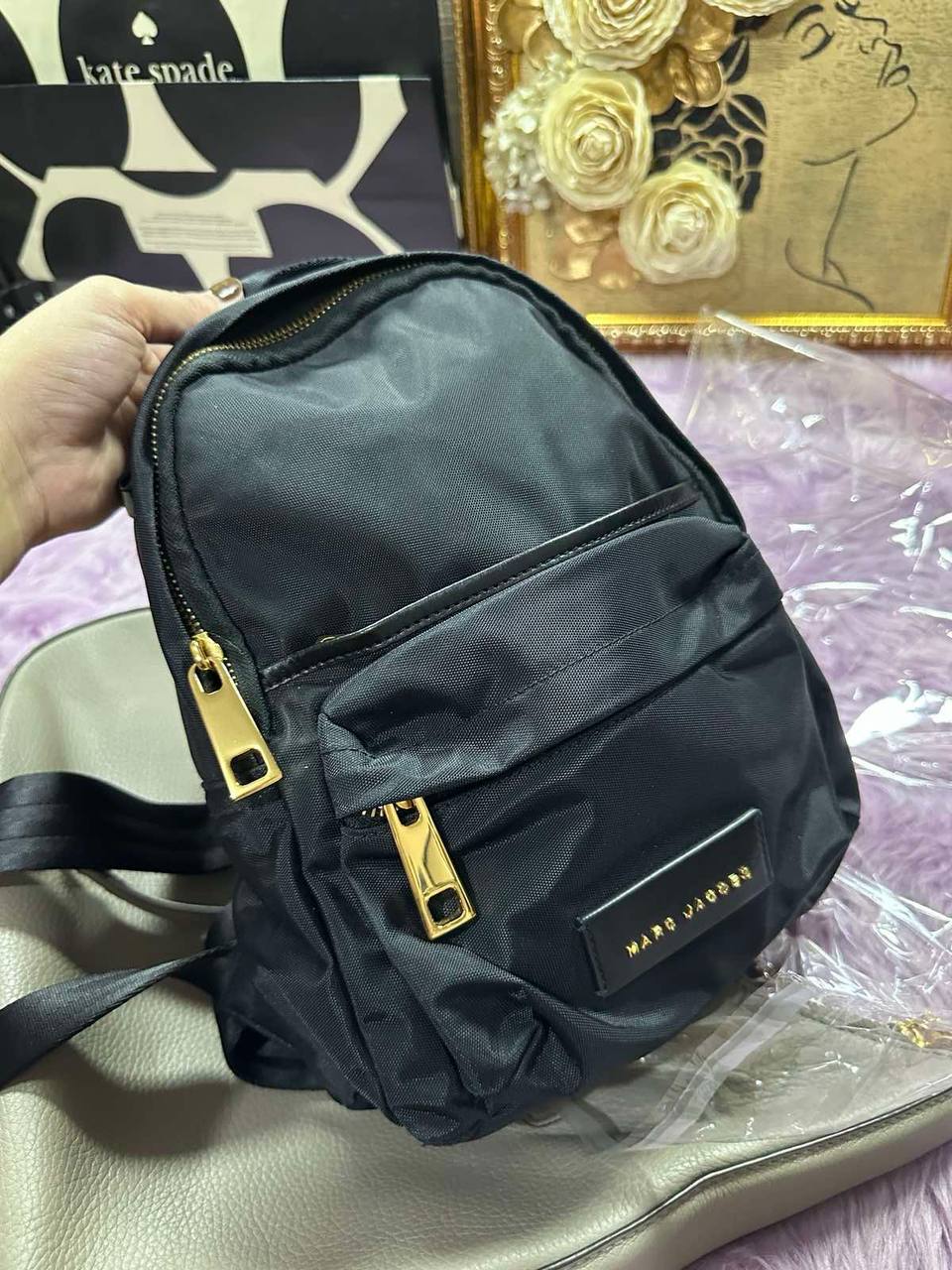 ORIG Preloved Marc Jacobs MJ Black Nylon Varsity Small Black Backpack Bag