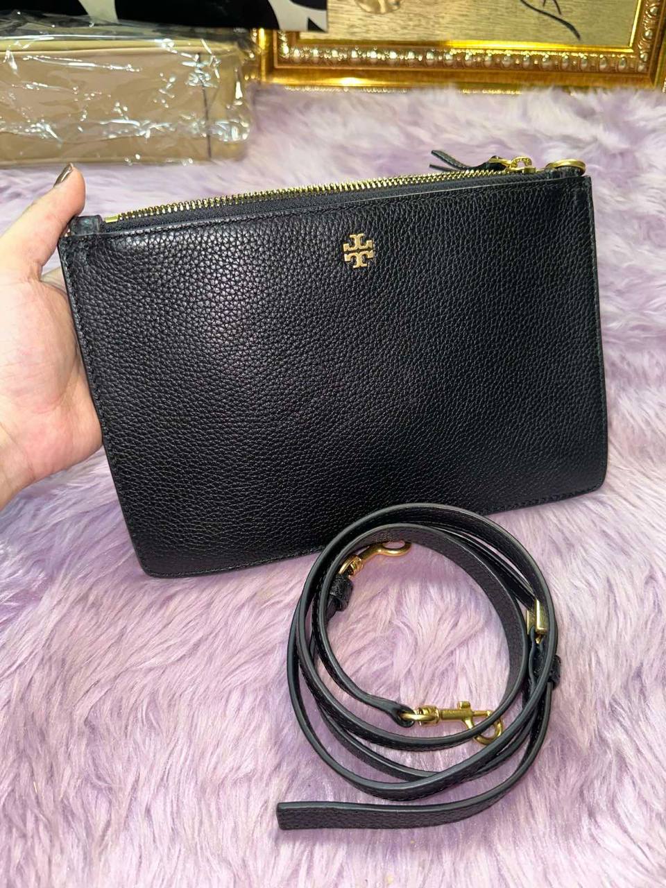 ORIG Preloved Tory Burch TB Double Zip Slim Crossbody Leather Bag BLACK
