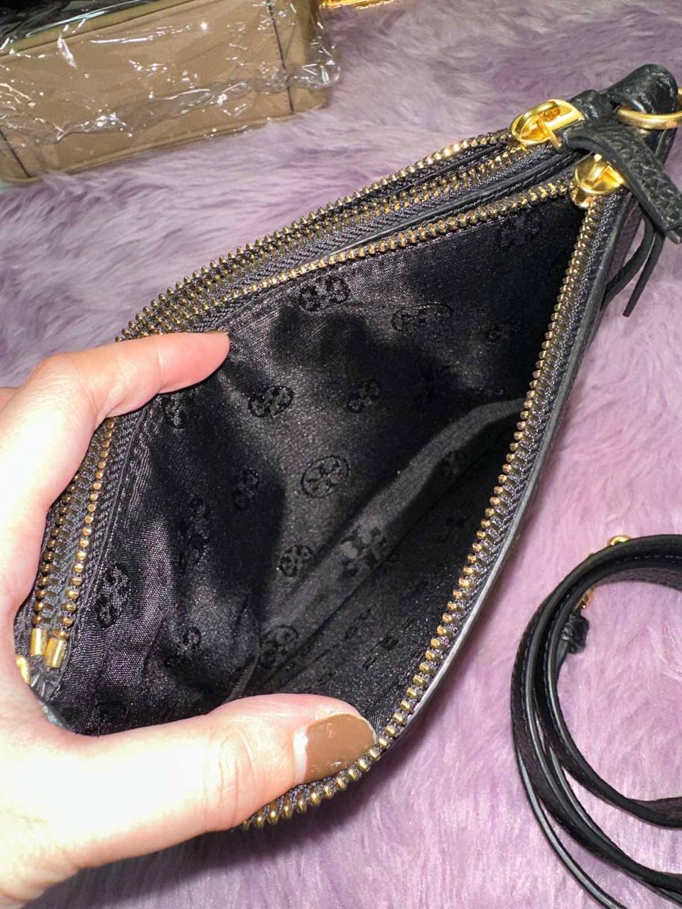 ORIG Preloved Tory Burch TB Double Zip Slim Crossbody Leather Bag BLACK