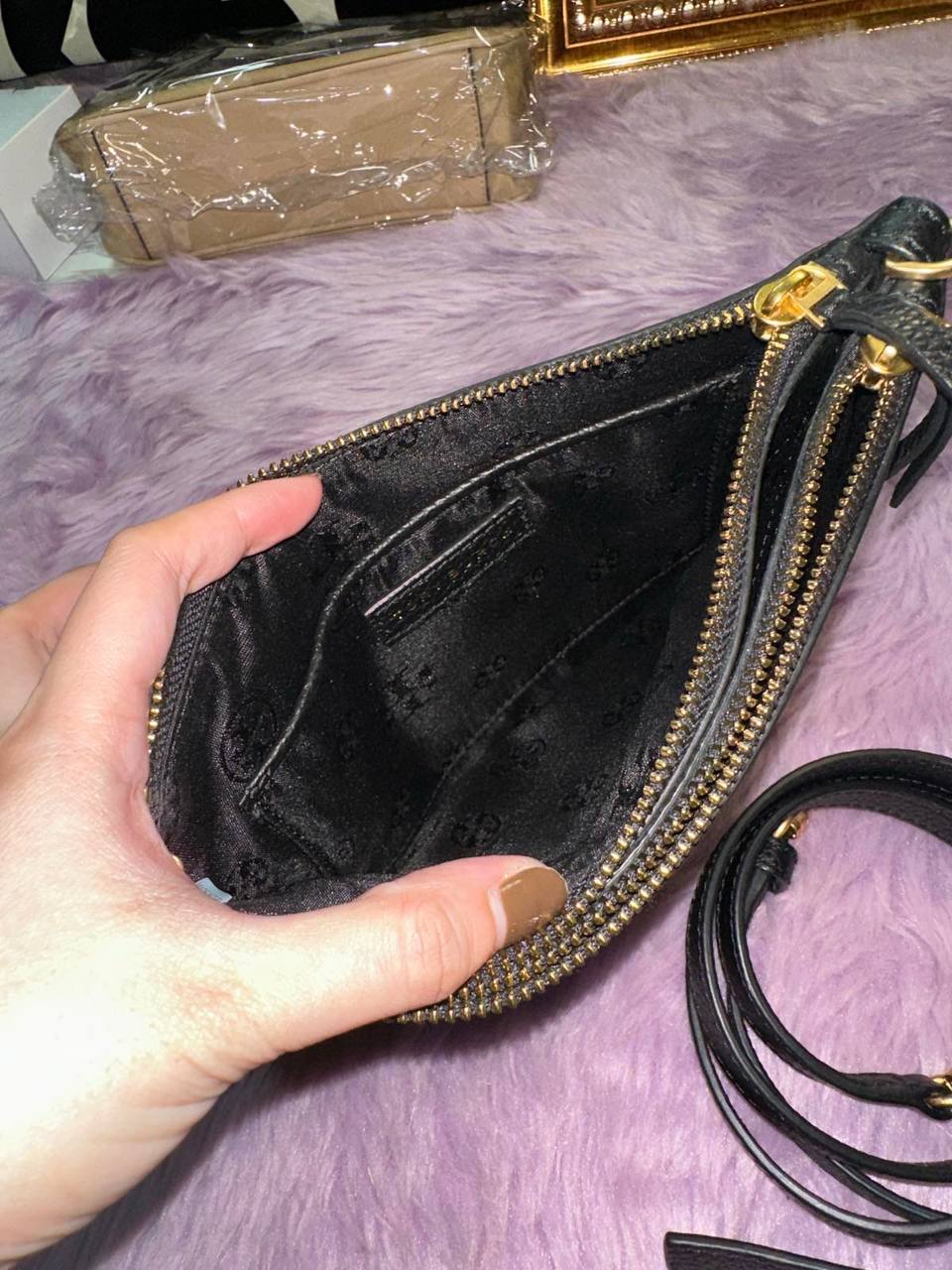 ORIG Preloved Tory Burch TB Double Zip Slim Crossbody Leather Bag BLACK