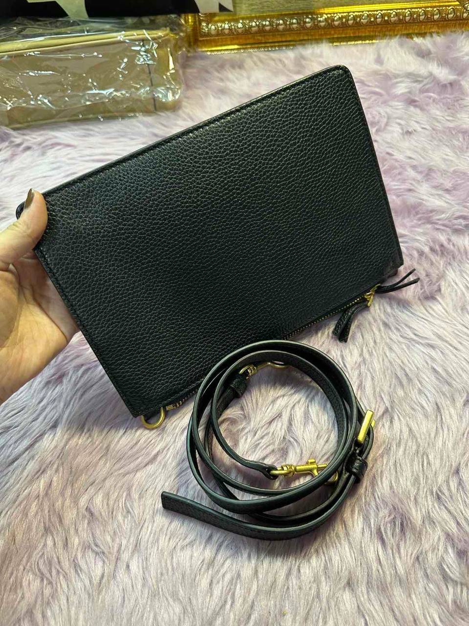 ORIG Preloved Tory Burch TB Double Zip Slim Crossbody Leather Bag BLACK