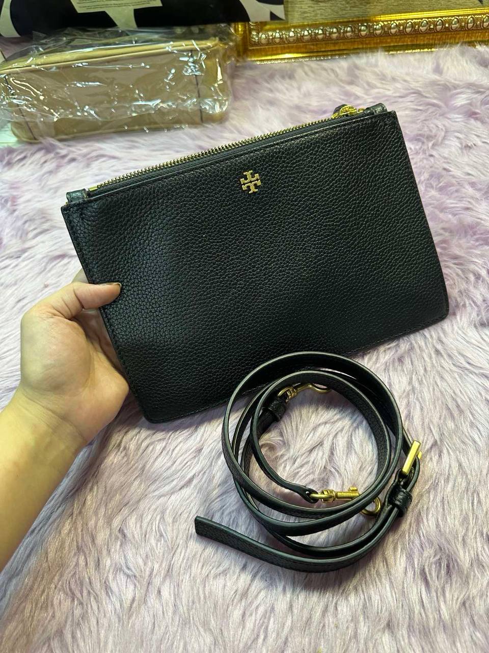 ORIG Preloved Tory Burch TB Double Zip Slim Crossbody Leather Bag BLACK