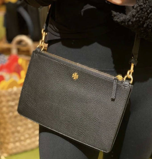 ORIG Preloved Tory Burch TB Double Zip Slim Crossbody Leather Bag BLACK