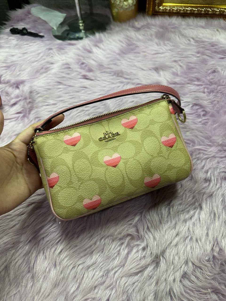 ORIG Preloved Coach Nolita 19 In Signature Canvas With Stripe Heart Print Small Bag