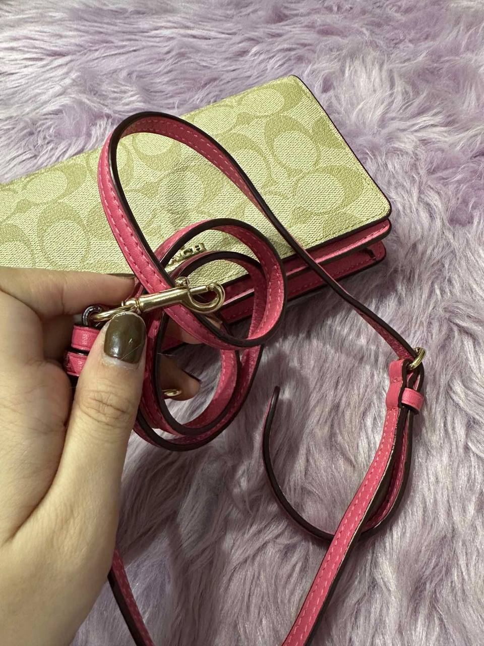 ORIG Preloved Coach Anna Foldover Clutch Crossbody Small Slim Bag Khaki/Pink