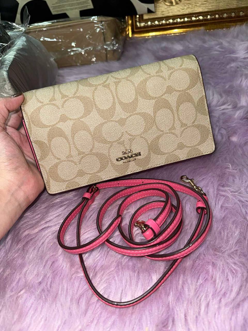 ORIG Preloved Coach Anna Foldover Clutch Crossbody Small Slim Bag Khaki/Pink