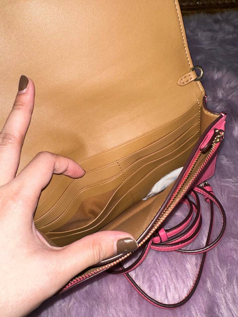 ORIG Preloved Coach Anna Foldover Clutch Crossbody Small Slim Bag Khaki/Pink