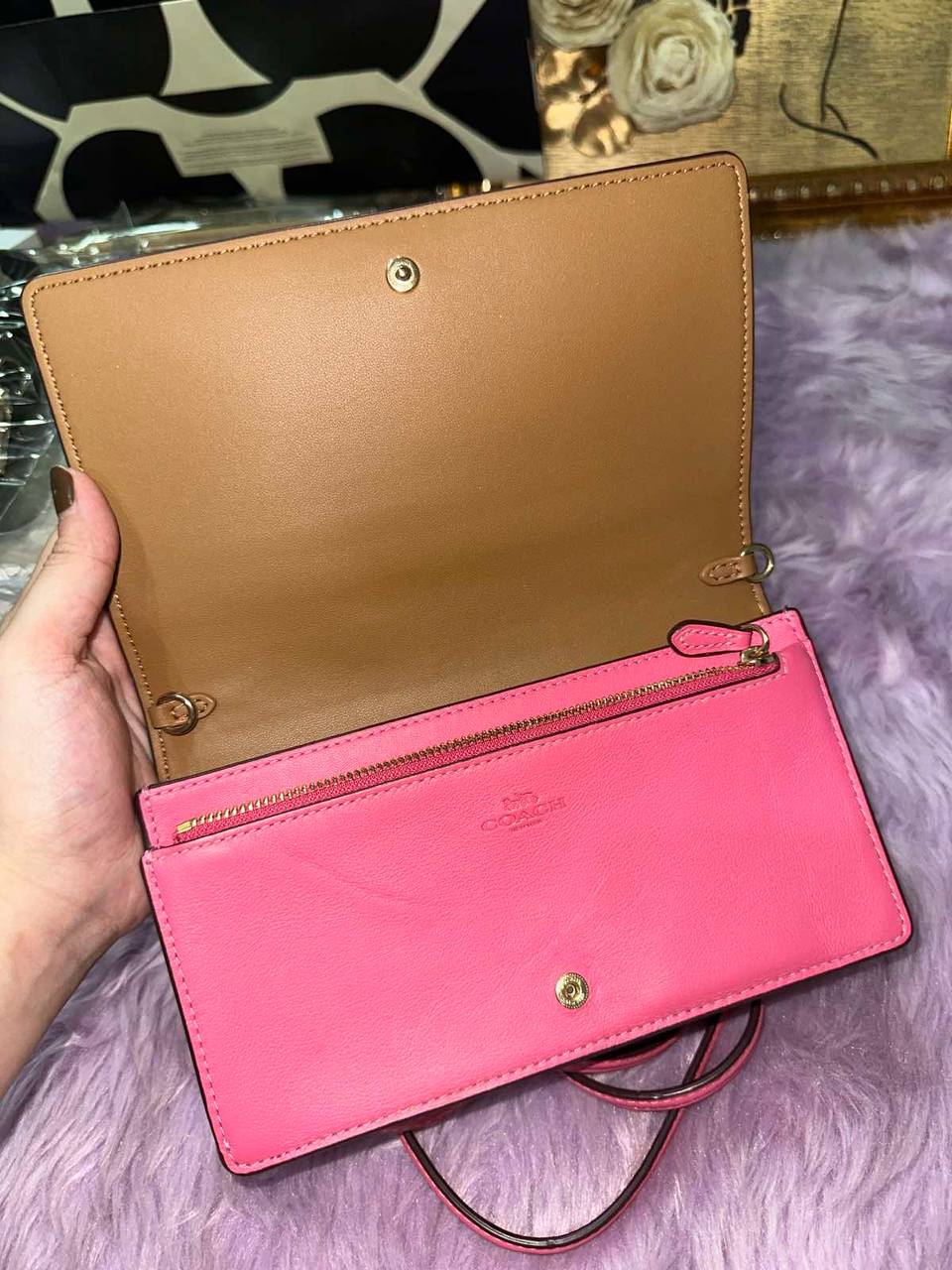 ORIG Preloved Coach Anna Foldover Clutch Crossbody Small Slim Bag Khaki/Pink