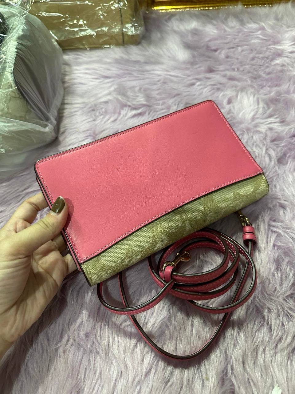 ORIG Preloved Coach Anna Foldover Clutch Crossbody Small Slim Bag Khaki/Pink