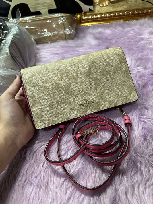 ORIG Preloved Coach Anna Foldover Clutch Crossbody Small Slim Bag Khaki/Pink