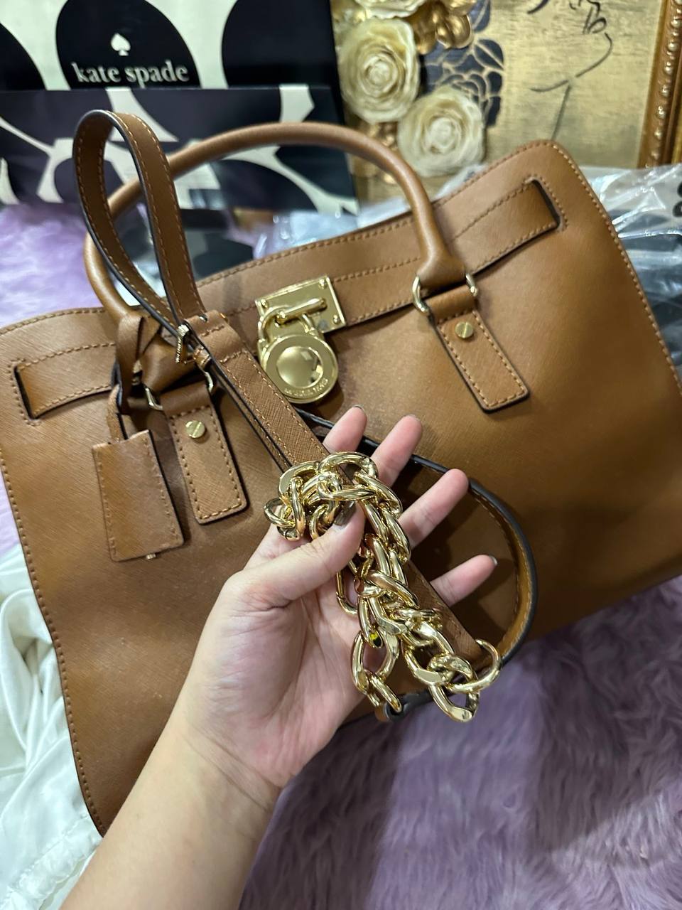 ORIG Preloved Michael Kors MK Hamilton East West Large Satchel Brown Office Bag