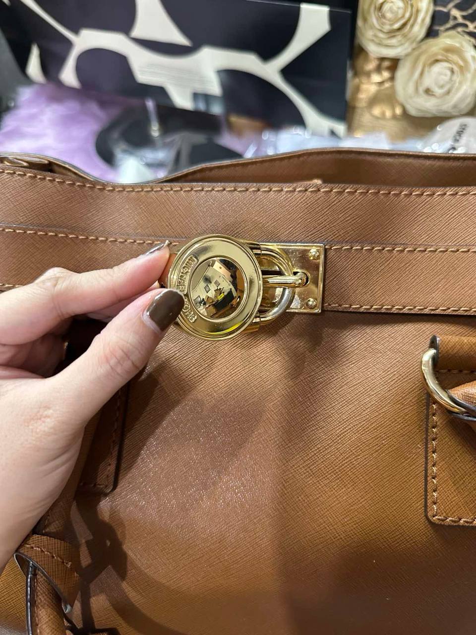 ORIG Preloved Michael Kors MK Hamilton East West Large Satchel Brown Office Bag