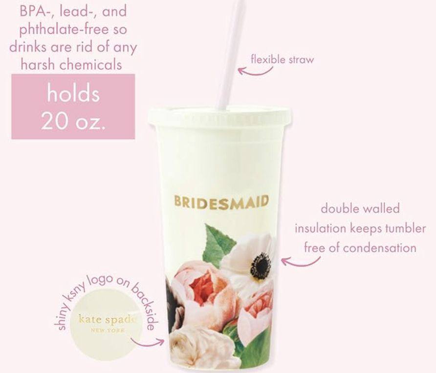 ORIG &amp; IMPORTED Kate Spade KS Insulated Plastic Tumbler with Reusable Straw for Bridesmaids, 20 Ounces, Blushing Floral