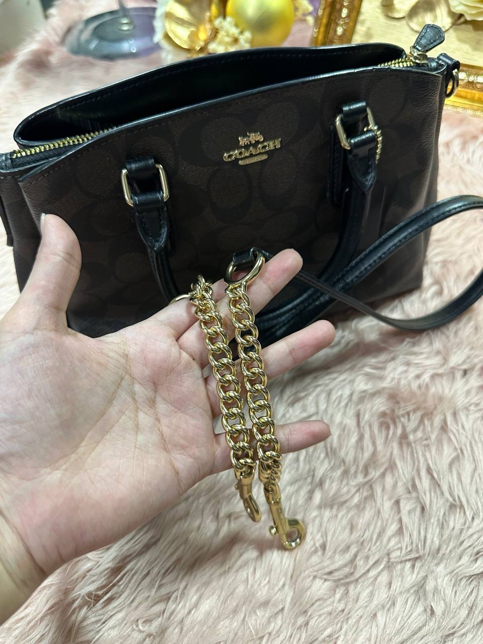 ORIG Preloved COACH Mini Sage Carryall Signature Brown Black Small Bag