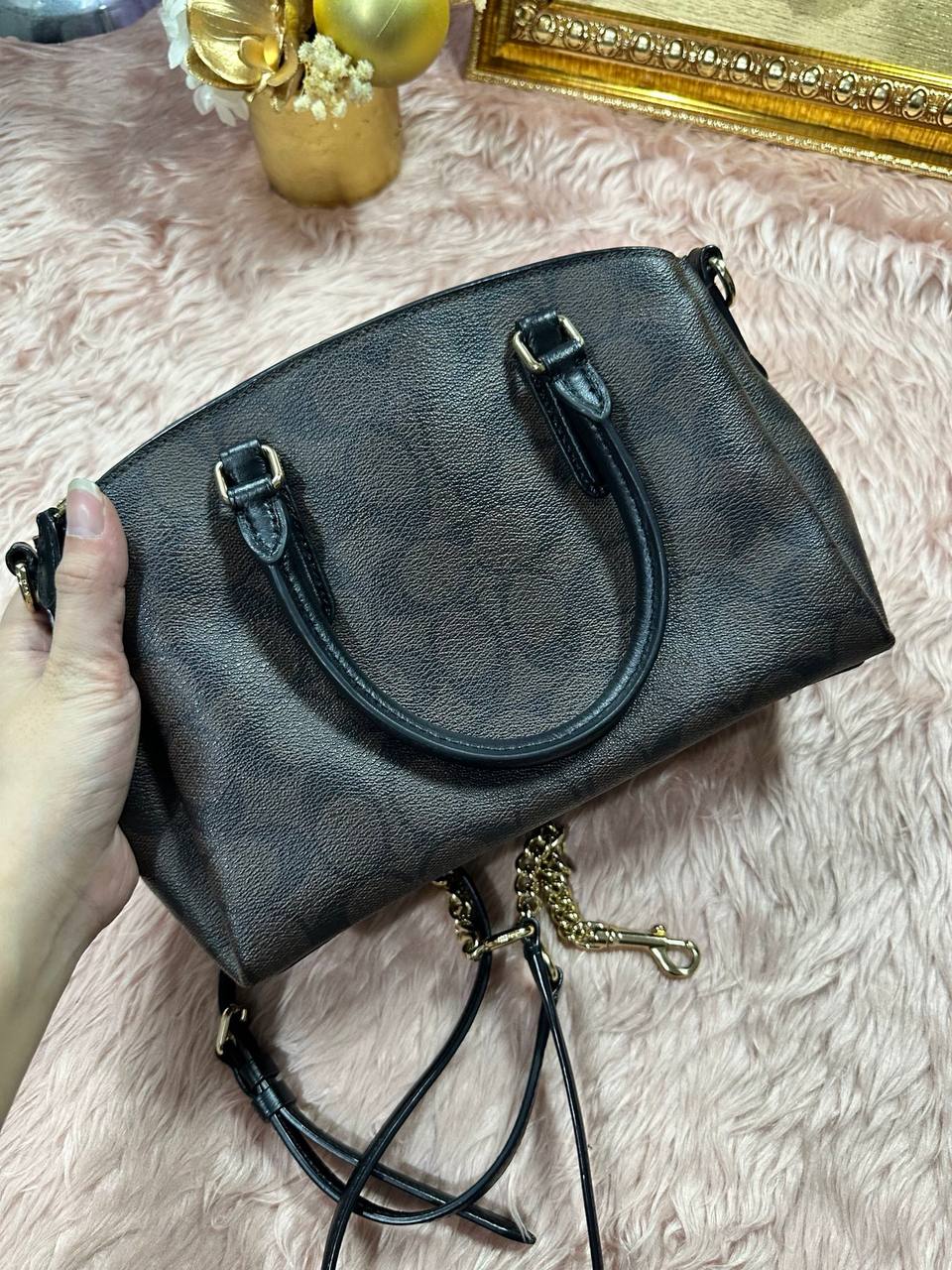 ORIG Preloved COACH Mini Sage Carryall Signature Brown Black Small Bag