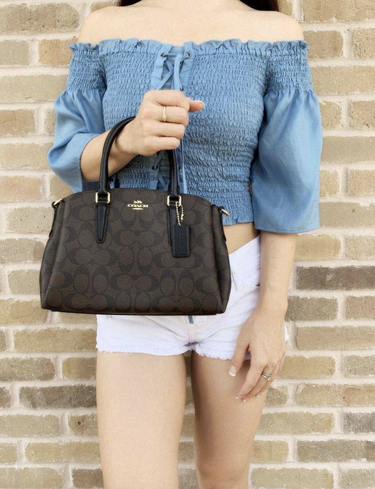 ORIG Preloved COACH Mini Sage Carryall Signature Brown Black Small Bag