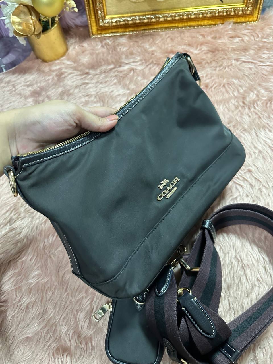 ORIG Preloved COACH Ellis Shoulder Nylon Black Bag with Pouch