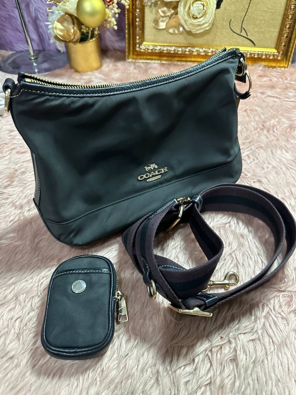 ORIG Preloved COACH Ellis Shoulder Nylon Black Bag with Pouch