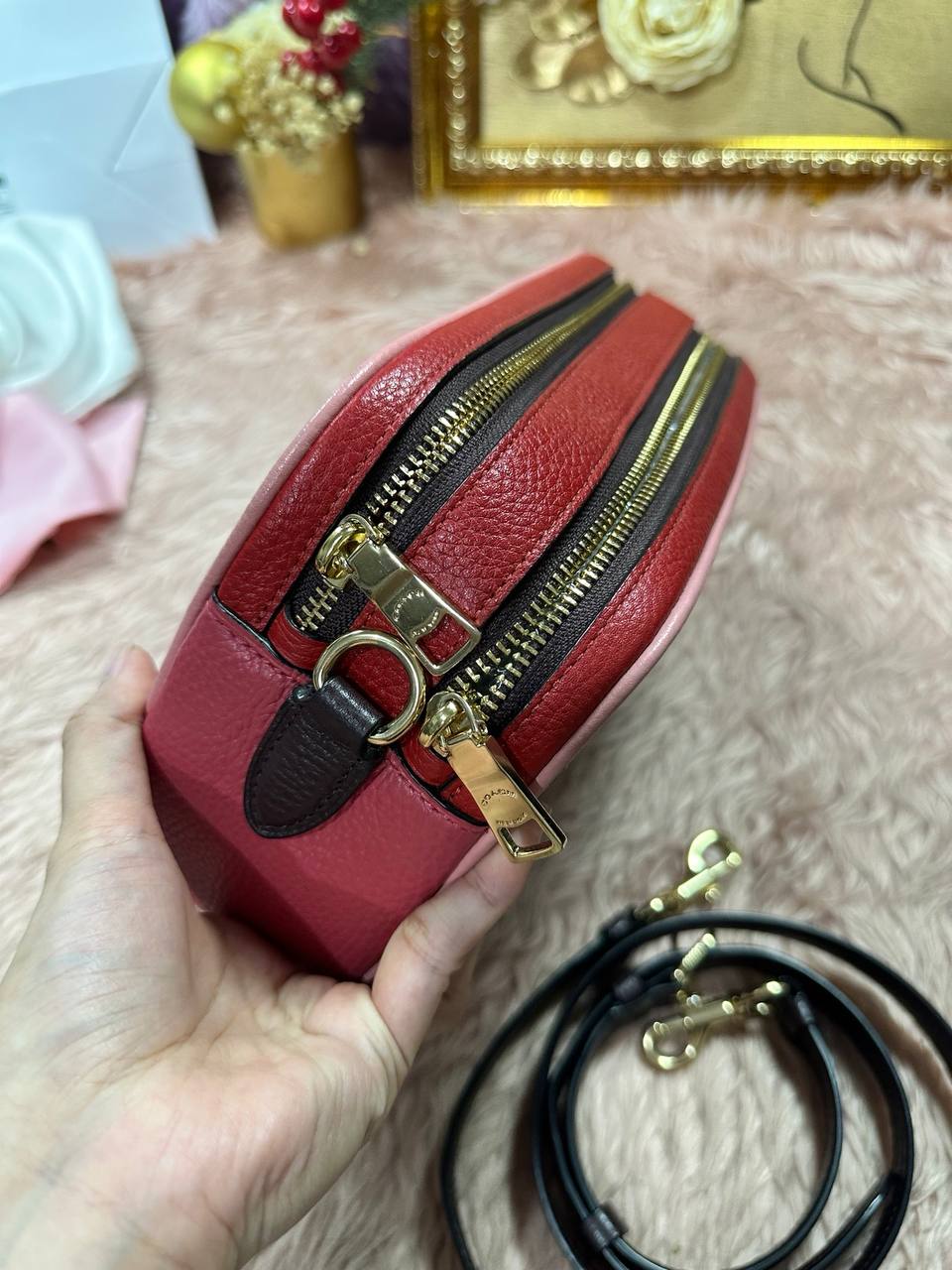 ORIG Preloved COACH Rare Jes Crossbody Double Zip Bag In Colorblock Red