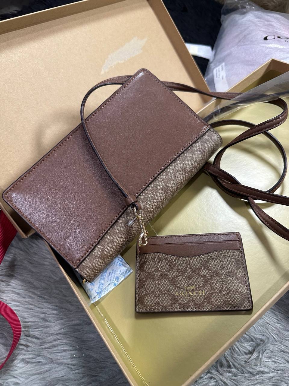 ORIG & IMPORTED COACH Anna Foldover Clutch Crossbody Small Bag &amp; Card Wallet Set Khaki Brown