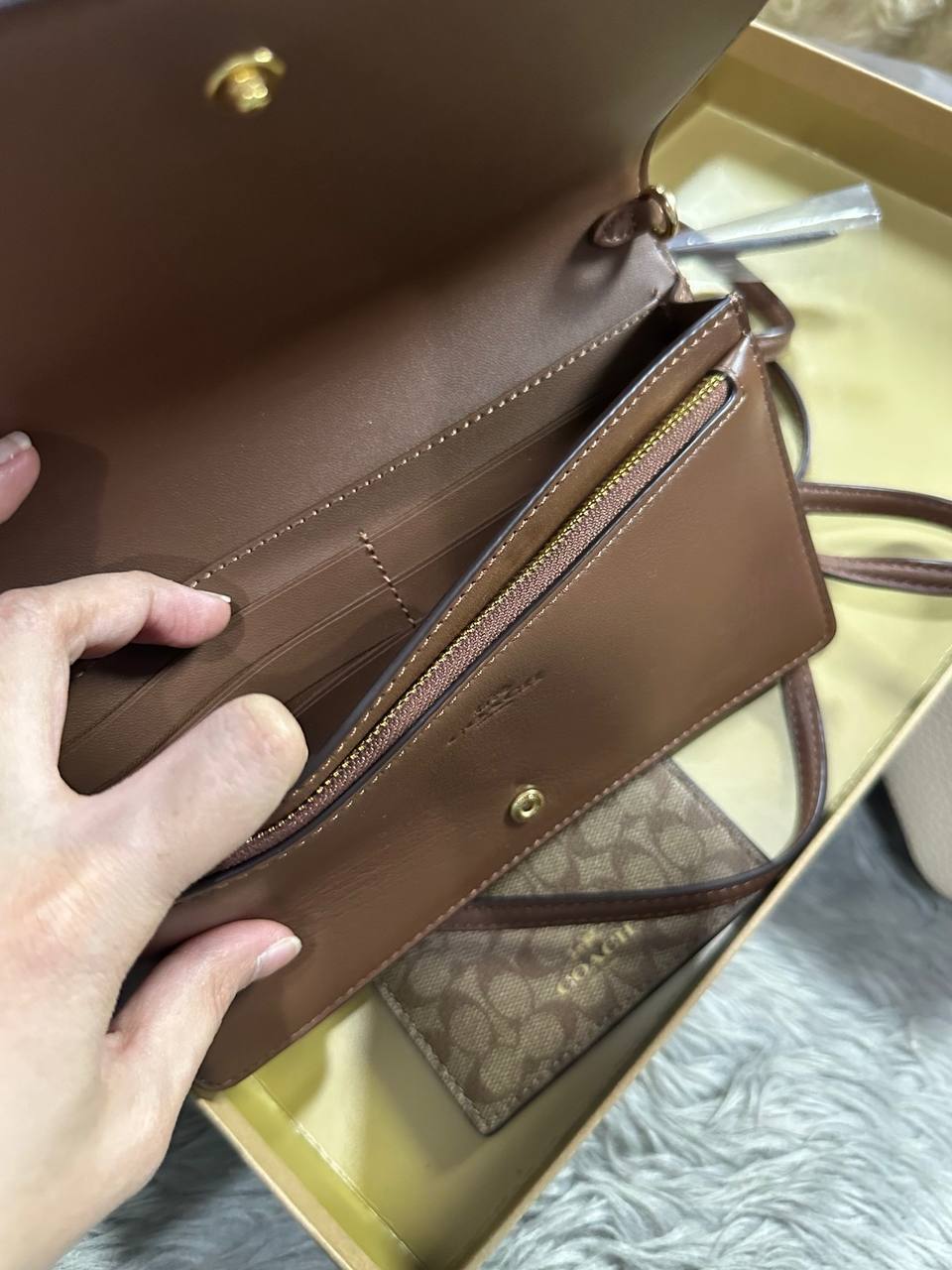 ORIG & IMPORTED COACH Anna Foldover Clutch Crossbody Small Bag &amp; Card Wallet Set Khaki Brown