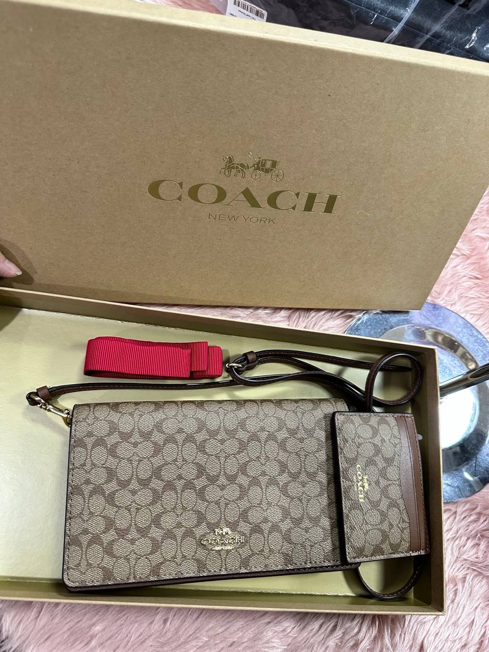 ORIG & IMPORTED COACH Anna Foldover Clutch Crossbody Small Bag &amp; Card Wallet Set Khaki Brown